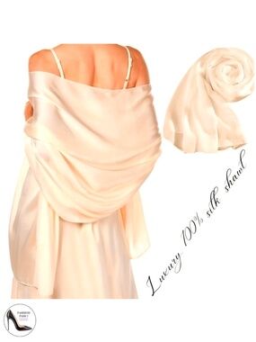100% SILK SATIN Ivory Beige Large Shawl Scarf Wrap Lux Wedding Bridal Cover up